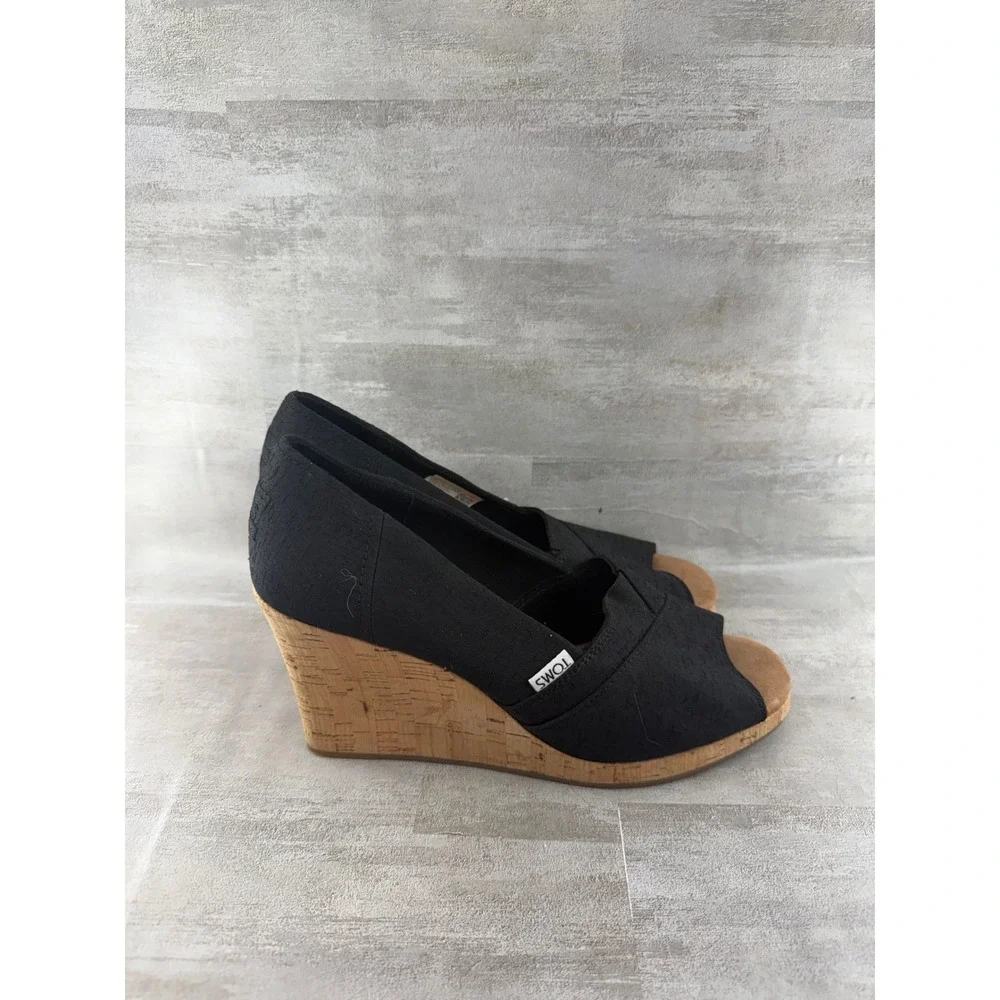 TOMS Women Black Canvas Peep Toe Cork Wedge Sandals Platform Shoes Sz 9.5